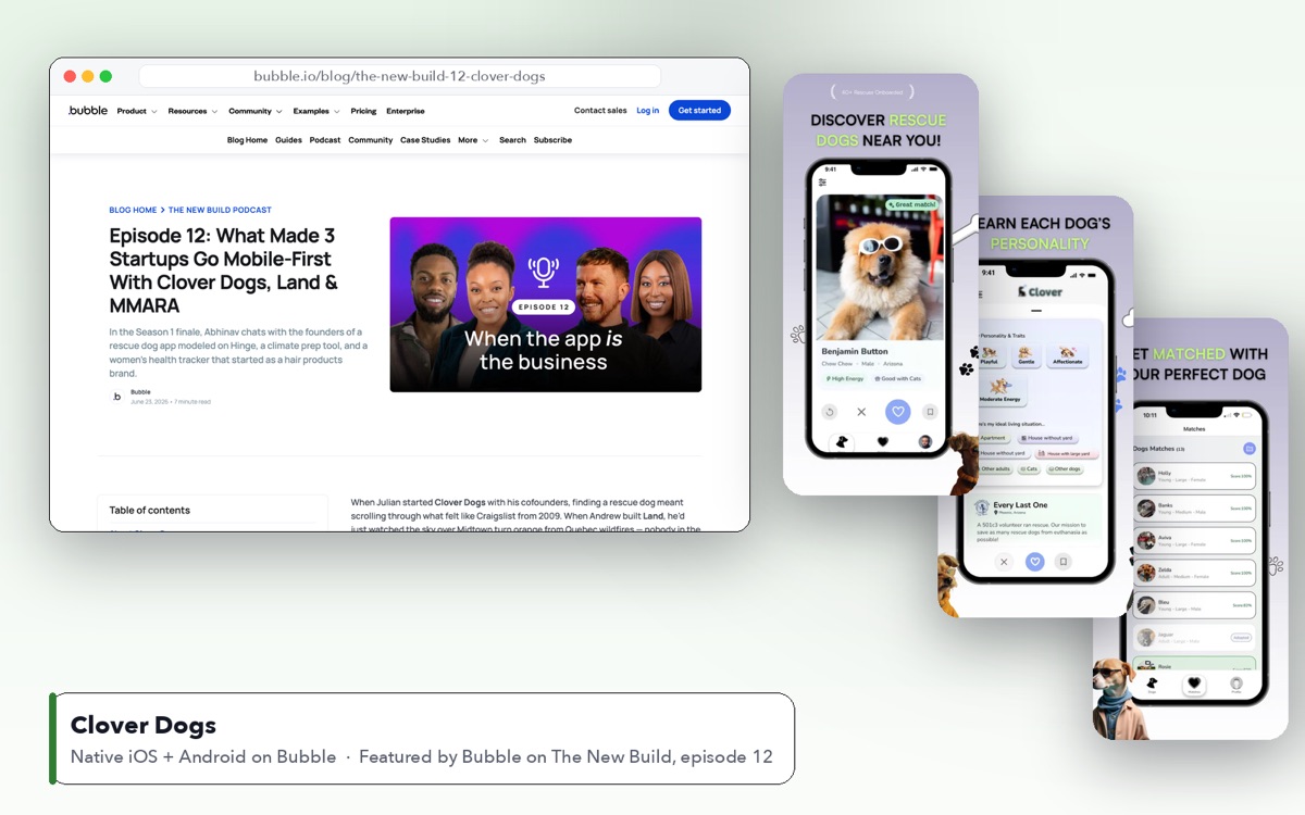Clover Dogs featured on Bubble's The New Build, with three App Store screens