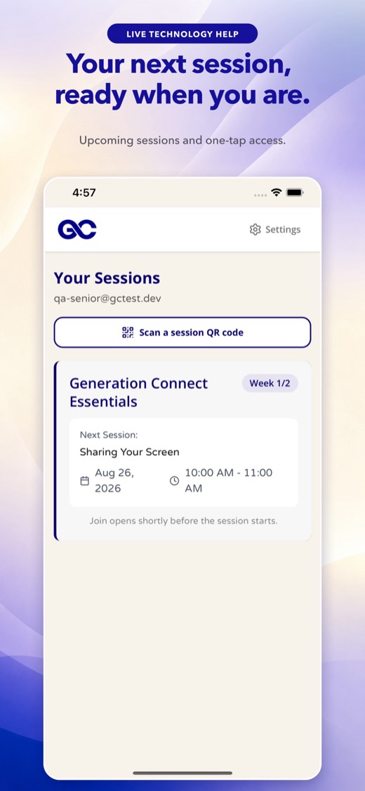 Generation Connect app sessions screen